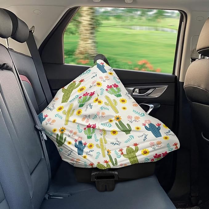 AFPANQZ Green Cactus Flower Baby Car Seat Covers for Girls Multifunctional Infant Car Seat Canopy Nursing Breastfeeding Scarf Shield Soft Breathable Stretchy 360 Coverage for Babies