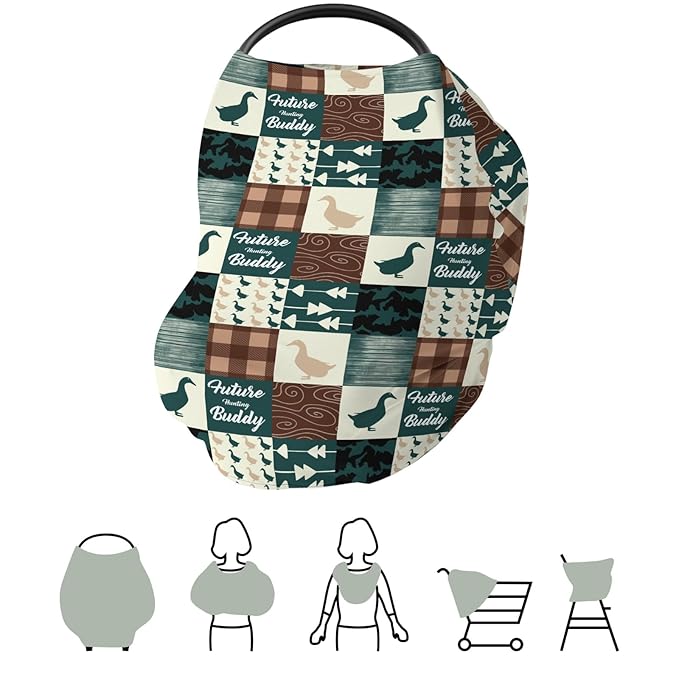 Camouflage Duck Hunting Car Seat Cover for Babies Green Mallard Ducks Plaids Stretchy 5-in-1 Cover Adjustable Car Canopy Cover Wild Ducks Nursery Breathable Nursing Cover-Up