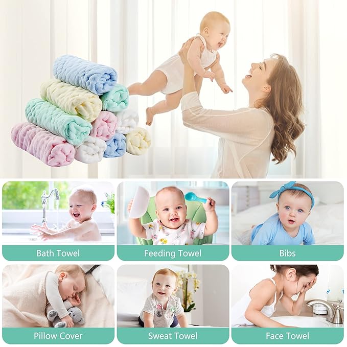 Soft Newborn Essentials - Muslin Washcloths & Towels for Sensitive Skin - 10 Pack, 10x10 Inches - Baby Register Shower Gift