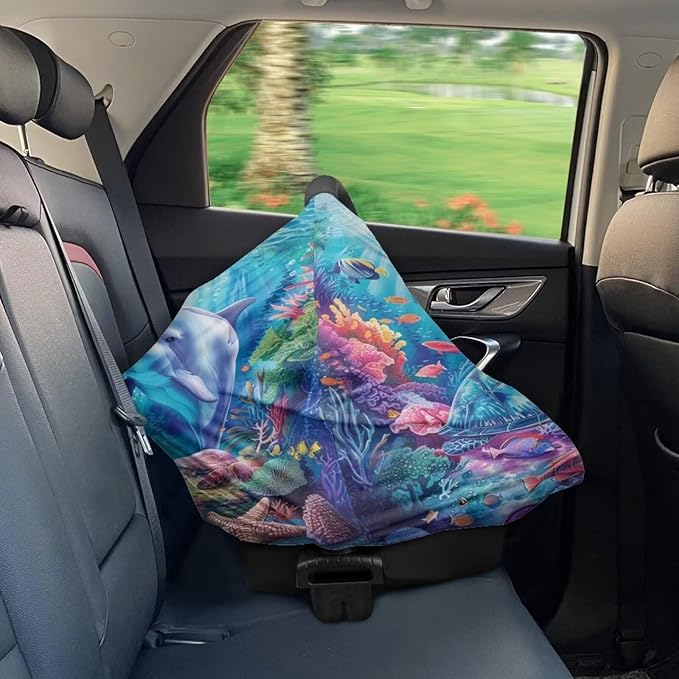 Youngerbaby Dolphin Turtle Baby Car Seat Covers Nursing Cover Breastfeeding Soft Infant Carseat Canopy,Stretchy Breathable Cover for Stroller High Chair Shopping Cart Canopies