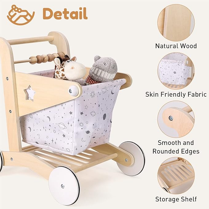 Woodtoe Wooden Baby Walker Doll Stroller, Adjustable Speed Shopping Cart for Toddlers 1-3, Baby Push Walker, Pretend Play Grocery Wagon, Baby Push Toys, Montessori Birthday Toy Gift for 1 2 3 Year Old