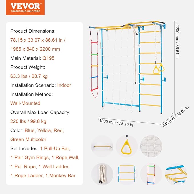 VEVOR Indoor Jungle Gym for Toddlers, 7-in-1 Climbing Playset with Carbon Steel Swedish Ladder, Wall Ladder, Pull-Up Bar, Rope Ladder, and Gymnastic Rings, Supports 220 lbs, Multicolor