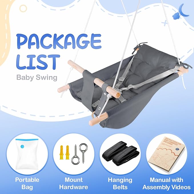 Baby Swing for Infants to Toddlers,Indoor Outdoor Wooden Hanging Swing Seat with Safety Belt and Mounting Hardware, Suitable for Ages Up to 3,Grey