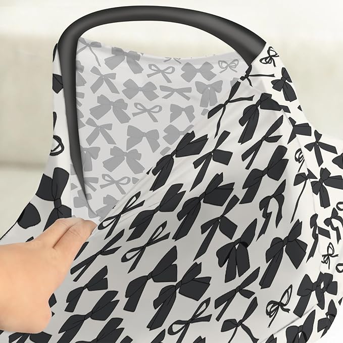 Black Bows Car Seat Cover for Baby Valentine Bows Stretchy 5-in-1 Cover Adjustable Car Canopy Cover Spring Black Ribbons Breathable Nursing Cover-Up