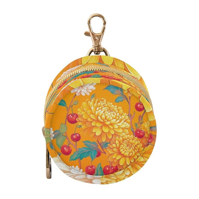 Pacifier Holder with Clip Pacifier Case for Diaper Bag Round Baby Pacifier Pouch Box Bag Portable Orange Cute Chrysanthemum and Cherries