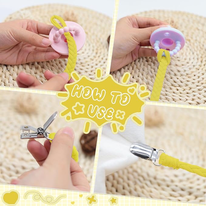 4 Pcs Pacifier Clip, Pacifier Clips for Boys & Baby Girls Pacifier Holder Clip Binky Clips Braided 100% Handmade Fits All Pacifiers(Yellow, 4 Pack)