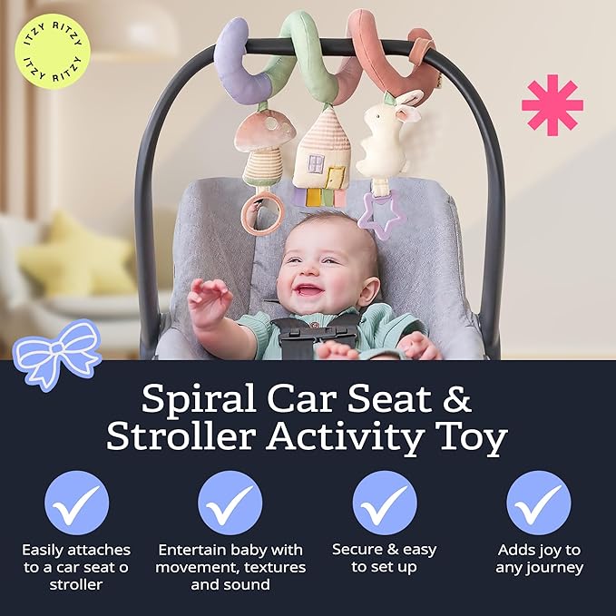 Itzy Ritzy Spiral Car Seat & Stroller Activity Toy - Stroller & Car Seat Toys for Ages 0 Months and Up - Hanging Toys Include Dangling Ring, Mirror and Textured Ribbons (Pastel Rainbow)