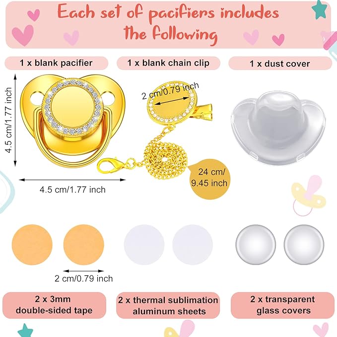 3 Pieces Sublimation Pacifier Set Name Custom Baby Bling Pacifier Clip Glitter Personalized Artificial Crystal Decoration for Girl Boys Baby with Blanks