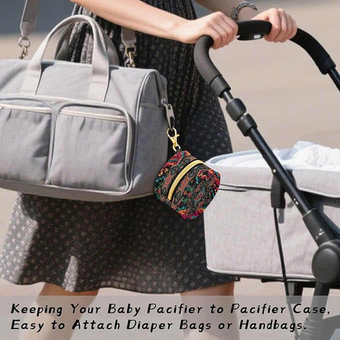 Pacifier Holder with Clip Pacifier Case for Diaper Bag Round Baby Pacifier Pouch Box Bag Portable Mexico Ethnic Geometric Red