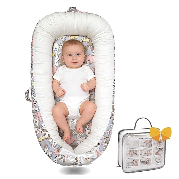 Baby Lounger-Breathable and Soft Organic 100% Cotton, Portable Infant Lounger with Removable Lounger Cover, Floor Lounger for Newborn - Sheep Monkey