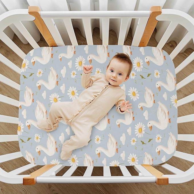 Baby Crib Sheet Cute Goose Flowers Crib Mattress for Boys and Girls Playard Sheet Soft Breathable Fitted Baby Mattress Cover 52x28in