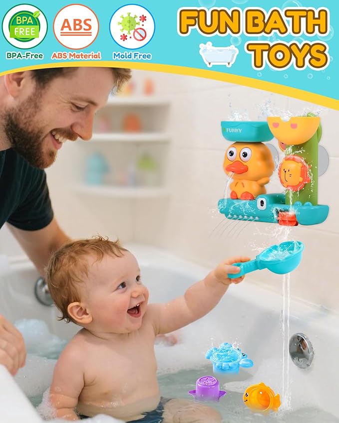 Baby Bath Toys for Kids Ages 1-3 2-4 Toddler Bathtub Water Toys with 3 Strong Suction Cups Battery-Free Duck Waterfall Sensory Shower Toys with Stacking Cups for 18+ Months Boys Girls Birthday Gifts