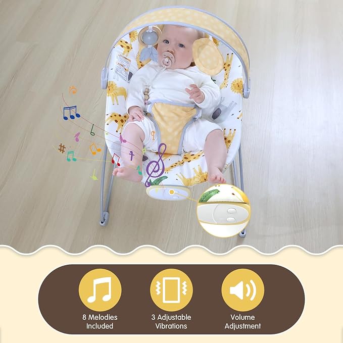 Portable Baby Bouncer Seat with 8 Melodies, 3 Vibration Levels & Adjustable Volume, Foldable Infant Bouncer Rocker with Safety Harness for Baby 0-6 Months, Indoor & Outdoor Use BR2405