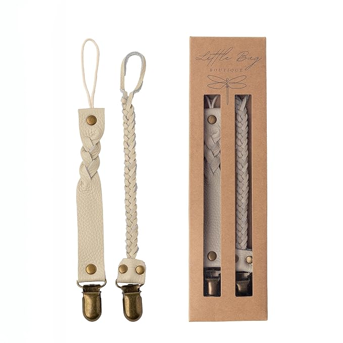 Little Bug Boutique 2-Pack Leather Baby Pacifier Clips - Neutral Pacifier Holders for Baby Girls & Boys, Paci & Binky Clips or Strap for Toys & Teethers (Light Cream), Pacifier NOT Included