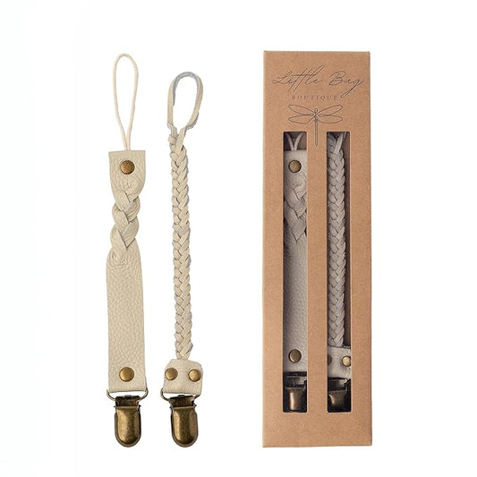 Little Bug Boutique 2-Pack Leather Baby Pacifier Clips - Neutral Pacifier Holders for Baby Girls & Boys, Paci & Binky Clips or Strap for Toys & Teethers (Light Cream), Pacifier NOT Included