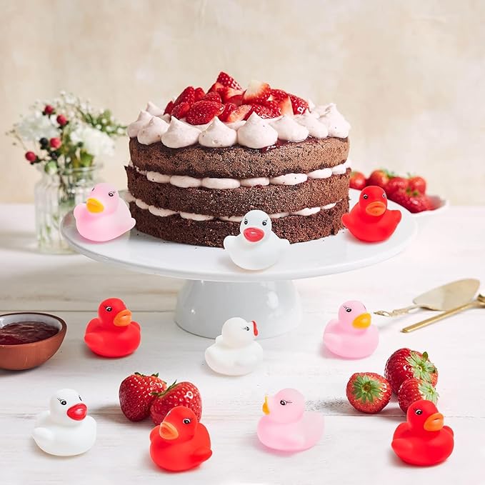 Haooryx Valentine's Exchange Gifts Bulk - 60-Piece Valentine's Day Mini Rubber Duckies Cute Red Squeak Duck Kids' Multi-Item Party Favor Pack Classroom Exchanges Holiday School Game Rewards Goodie Bag