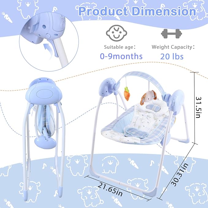 Baby Swing for Infant,Newborn Swing with Music,5 Speed Levels,Timing Setting,Soft Cushion,Foldable Infant Swing for Indoor Outdoor Use 0-9 Months