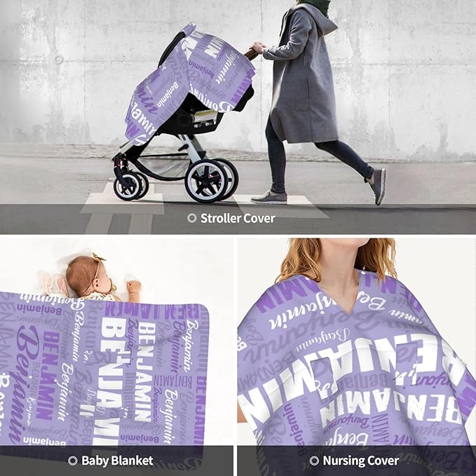 Personalized Baby Car Seat Canopy for Babies, Custom Name Baby Car Seats Covers for Boys Girls, Opening Minky Nursing Breastfeeding Cover for Infant, Carseat Canopies for Newborn (Light Purple)
