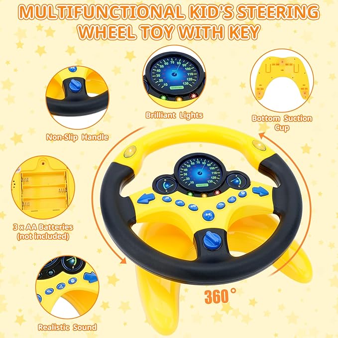 deAO Kids Steering Wheel for Backseat with Car Key Pretend Driving Simulated Driving Steering Wheel Toy with Light and Music Gifts for Kids (Yellow)