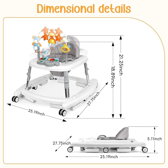 5 in 1 Baby Walker Foldable Music and Lights with 5 Adjustable Heights, Baby Walker with Wheels Portable, Infant Toddler Walker for Baby Boy Girls 6-18 Months (White)