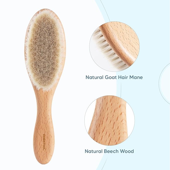 DEBETOOL Baby Hair Brush and Comb Set for Newborns & Toddlers - Wooden Baby Brush Set With Soft Goat Bristle and Toddler Comb, Ideal for Cradle Cap