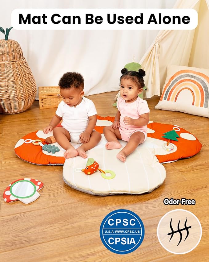 Upgrade Thickened Baby Play Gym, Extra Large Activity Mat, Machine Washable Playmat, Tummy Time Mat with Detachable Toys for Motor Skills, Non-Slip Bottom, Mushroom