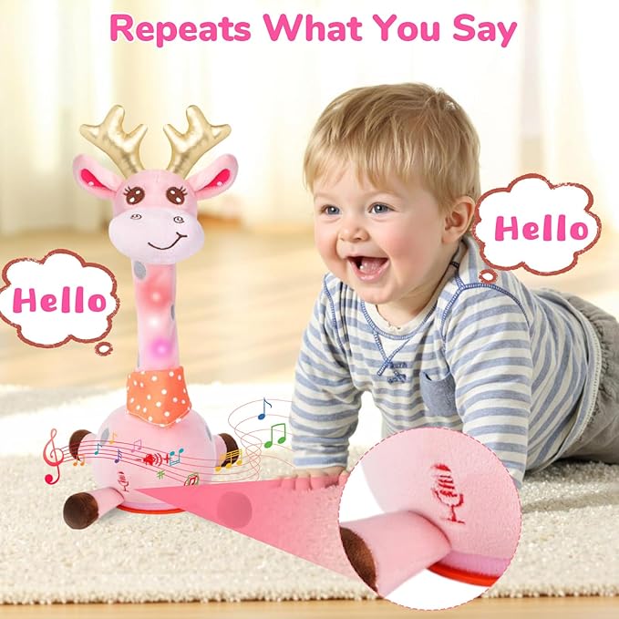 Dancing Giraffe Musical Plush Toy, Recording & Repeating Talking Giraffe Baby Toy for 6–12 Months, Interactive Singing Stuffed Animal, Birthday Gift for Grandkids Infants Toddlers(Pink)