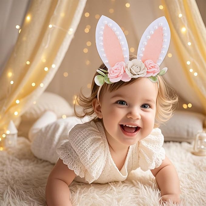 baotongle Pearl Bunny Headband Bunny Rose Ears Easter Headbands Baby Girls Flower Spring Newborn Toddler Infant Bunny Headbands