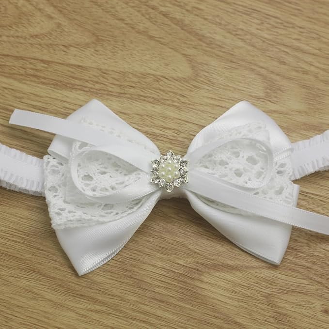 Nihao Baby White Cotton Lace and Satin Bow Hairband with Pearl - Baptism, Communion, First Birthdays - Hair Styling - For Baby Girls - 0-6 Month