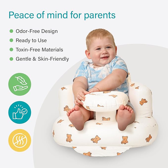 Solens Inflatable Baby Seat for Sitting Up with Tray & Back Support, Baby Sit Up Chair with Built-in Air Pump, Waterproof Floor Seat for Infants & Toddlers, Includes Carry Pouch, Bear