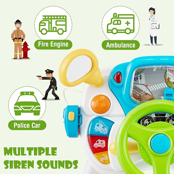Costzon Steering Wheel Toy, Pretend Play Driving Simulated Toy w/Light and Music, Cyclic Rotary Scene, Siren Sounds, Walkie-Talkie, Stool, Interactive Learning Educational Toy for Toddler Boys Girls