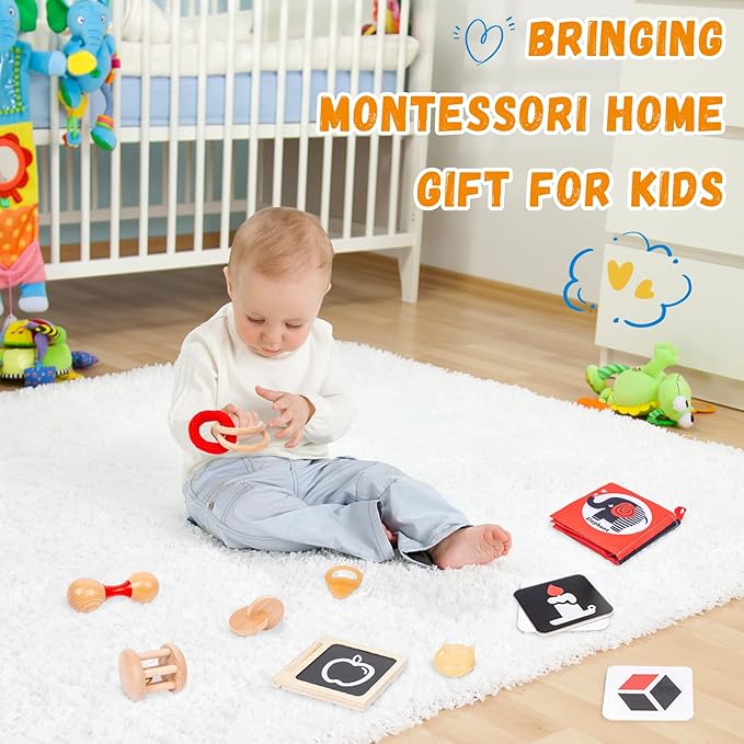 Adena Montessori Play Kit for 3-4 Months Baby,8 in 1 Wooden Learning Educational Toys for Toddler,Include Framed Mirror Book,High-Contrast Cards and More,Christmas Birthday Gift for Boys Girls