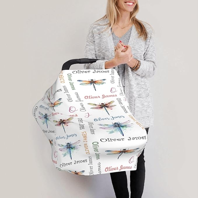 Personalized Car Seat Covers with Name, Dragonfly Baby Canopy Carrier Cover, Breathable Breastfeeding Nursing Cover, Stretchy Multi-Use Infant Carseat Stroller Cover