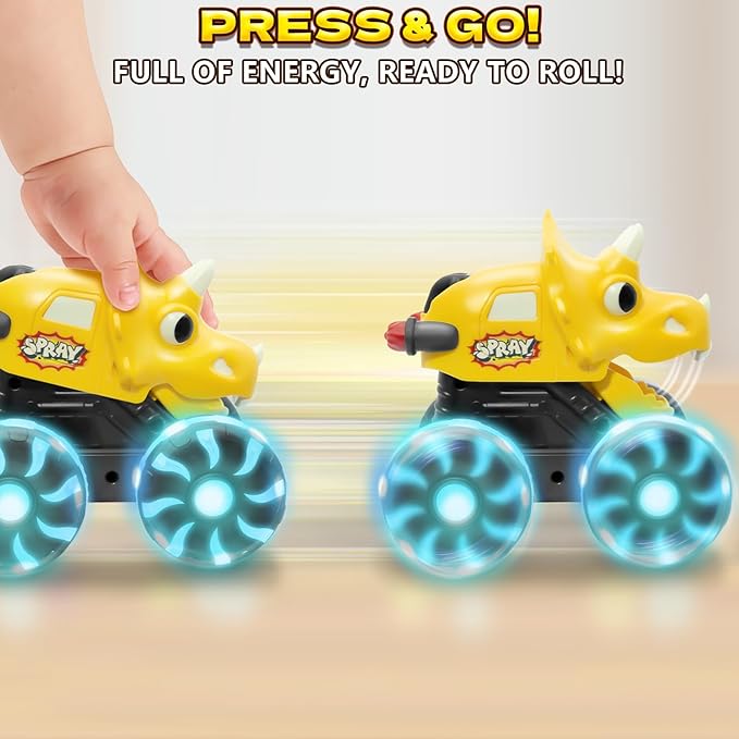 Intoypad 3 Pack Dinosaur Car Toys for Kids Toddlers, Light up Wheels Monster Truck Toys for Boys 2 3 4 5 6 7 8 Years Old Christmas Birthady Gifts Press & Go Dino Trucks Toy for Toddler Boy Baby