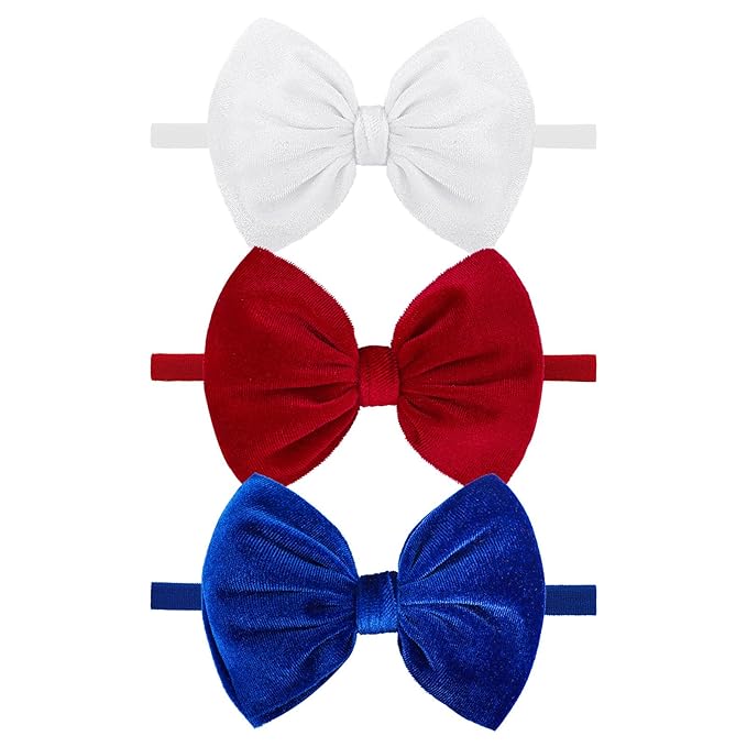 YanJie Hairband, 4th of July Baby Girl Bows Headband, Premium Soft Velvet & Nylon Fabric in Red, White, Blue, Handmade, One Size fits all, Ideal Gift for Baby Girls, 2 Pieces