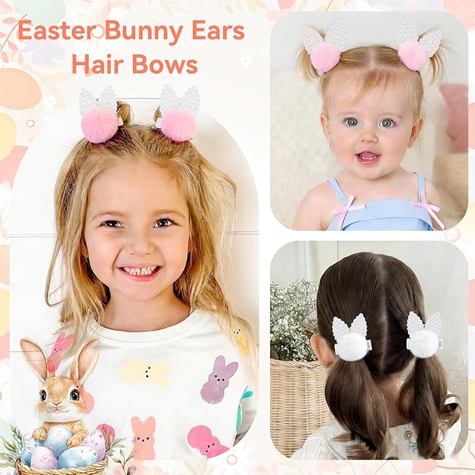 VOBOBE 4Pcs Easter Bunny Hair Bow Clips, Rabbit Hair Bow Accessories for Easter Party Birthday Supplies