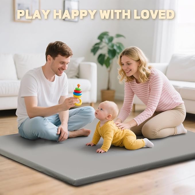 Vegan Leather Baby Play Mat, 50x50 Thicken Foam Cushioned & Waterproof Playpen Mat for Infants and Toddlers, Extra-Large Tummy Time Mat for Tummy Time Training and Early Walking, Light Gray
