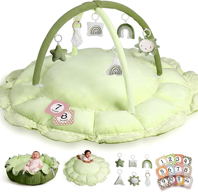 Little Dove 5-in-1 Convertible Baby Play Gym with 6 Toys, Tummy Time Mat for Sensory Development, Baby Activity Center from Newborn to Toddler, Ball Pit, Cat & Dog Bed, Soft Plush Pet Bed, Green
