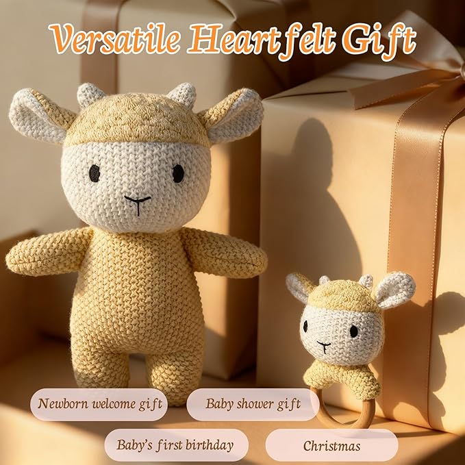 10" Crochet Sheep Stuffed Animal with Rattle, Pure Cotton Soft Crochet Doll Plush Toy for Newborn, Handmade First Birthday Gift
