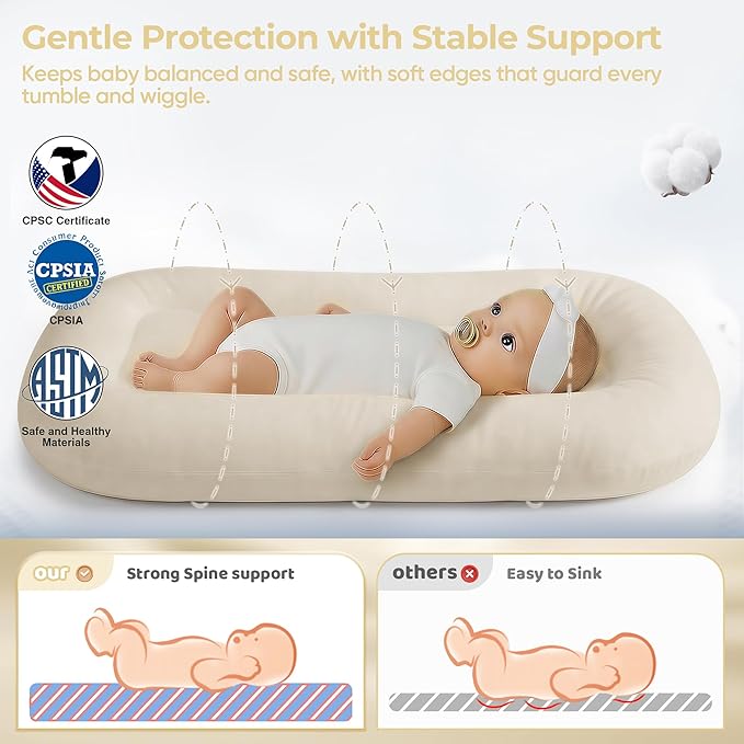 Baby Lounger for Newborn - Infant Lounger 0-24 Months with Lounger Cover, Adjustable Baby Nest Lounger, Breathable Fabric & 3D Support Newborn Lounger, Portable Newborn Essentials, White