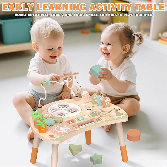 Weilim Activity Table, 9-in-1 Wooden Montessori Toy Activity Center with Shape Sorter Fishing Game Bead Maze, Baby Play Table Sensory Educational Toys for Toddler