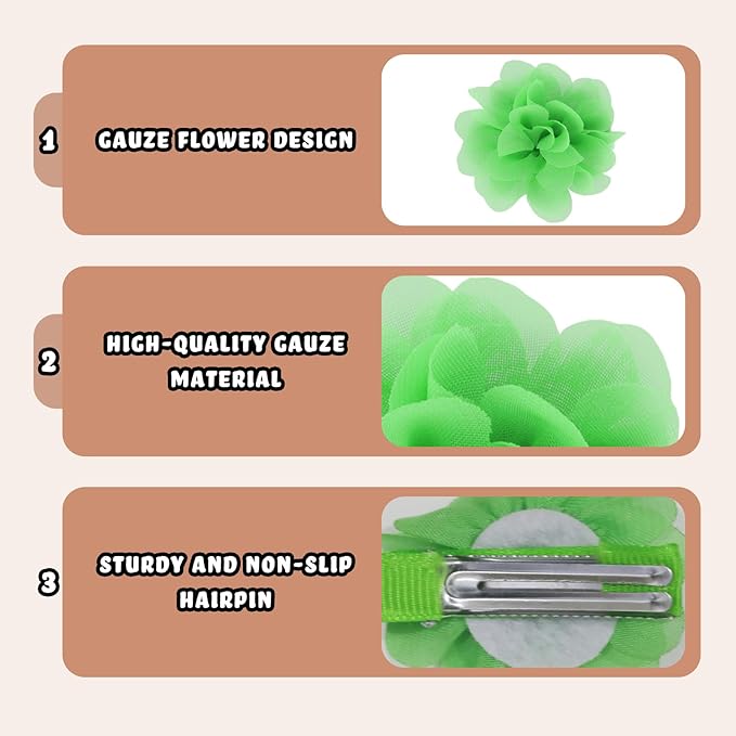 24 PCS 2" Chiffon Flower Hair Bows Clips Artificial Fabric Flower Tiny Baby Hair Clips Fine Accessories for Women Girls Kids (Green)