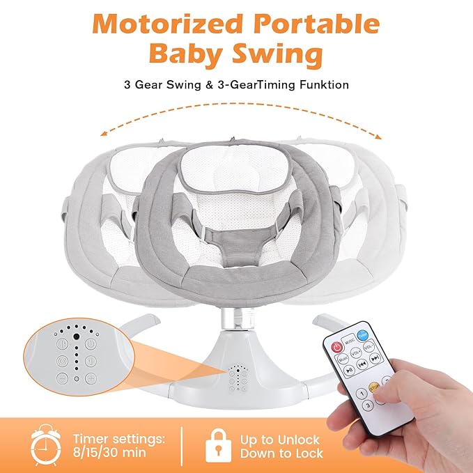 Baby Swing for Newborns 0-6 Months, Electric Infant Swing with Bluetooth & Remote Control, 5-Speed Portable Rocker with 12 Soothing Lullabies, 3-Point Widened Harness, ASTM Certified