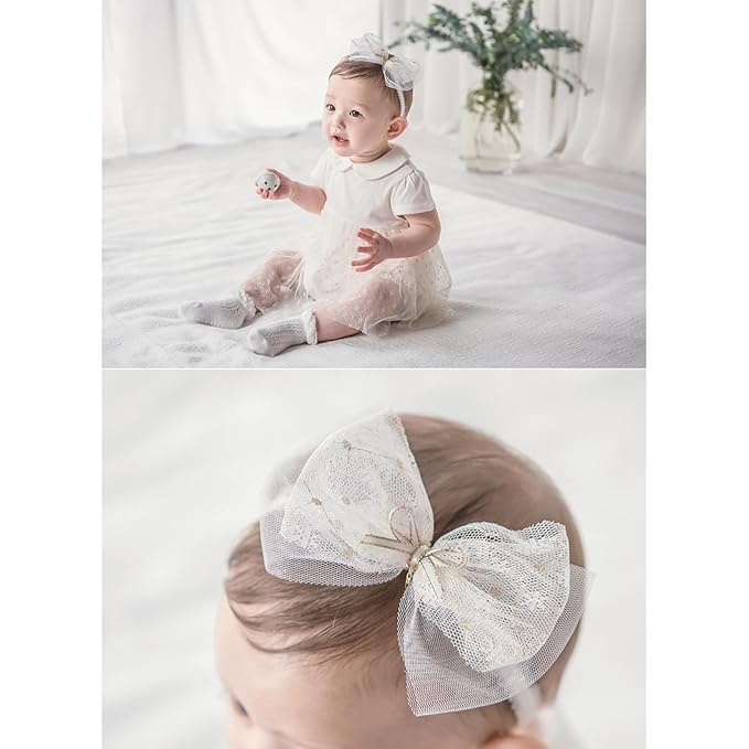 Baby Girls Bow Lace Headband Cute Soft Hairband White Butterfly Knot Headbands for Newborn Infants Toddlers Kids Christening Baptism Birthday Party Hair Accessories（Beige C）