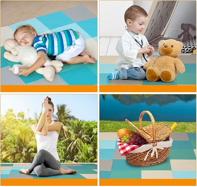 OLAKIDS Baby Foam Play Mat, Foldable 58'' x 58'' Toddler Collapsible Crawl Floor Mat, Waterproof Soft Thick Patchwork Play Mat for Kids Gym Nursery Playroom (Blue)
