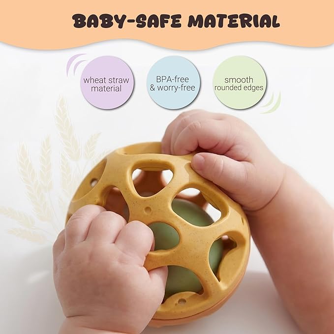 Baby Toys 6-12 Months, Wheat Straw Rattle Ball Teething Toys for Babies 0-6 Months, Christmas Gifts Stocking Stuffers for Boys & Girls 1 Year Old, Sensory Development Infant Toys