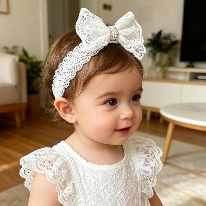 Baby Girls Headband White Bow Lace Headbands Soft Elastic Bowknot Hairbands Cute Hair Accessory for Newborn Kids Infant Toddler Baptism Birthday Party (Rhinestone Pearls)