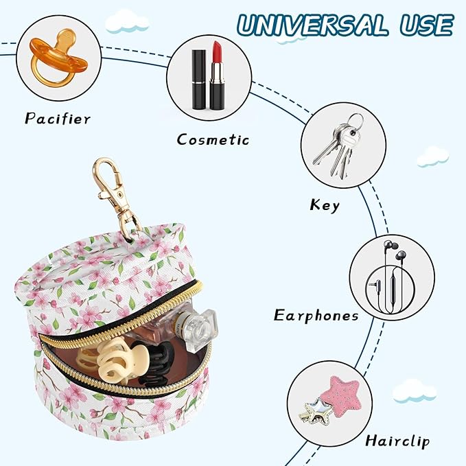 Pink Flower Leaves White Print Pacifier Holder Case for Diaper Bag Portable Travel Pacifier Storage Case with Clip Newborn Baby Pouch for Baby Boys Girls Purse Outdoor