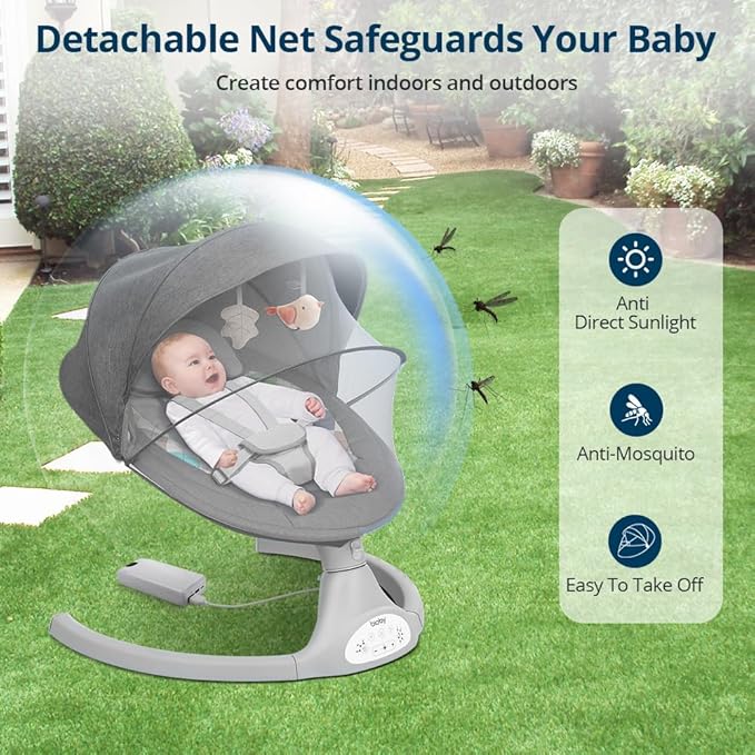 Bioby Baby Swing for Infants with 5 Natural Sway Speeds, Portable Bt Music Swing with Remote Control & 5-Point Harness, Lightweight Baby Rocker for 5-20 Lb,0-12 Months Grey