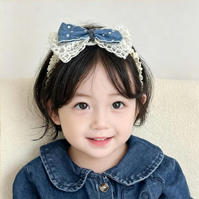 Baby Girls Hairbands Bow Lace Headband Handmade Soft Stretchy Pink Bowknot Hairbands Newborn Hairband with Bows Elastic Hair Bands for Kids Infant(Blue Denim Bow